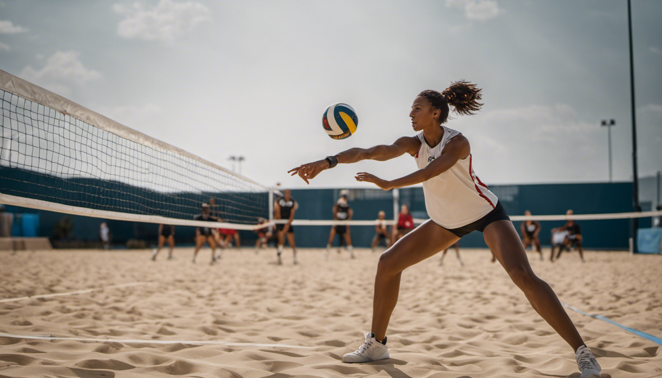 An image showcasing a volleyball player extending their right arm horizontally, palm up, while their left arm forms a fist with the thumb pointing to the right