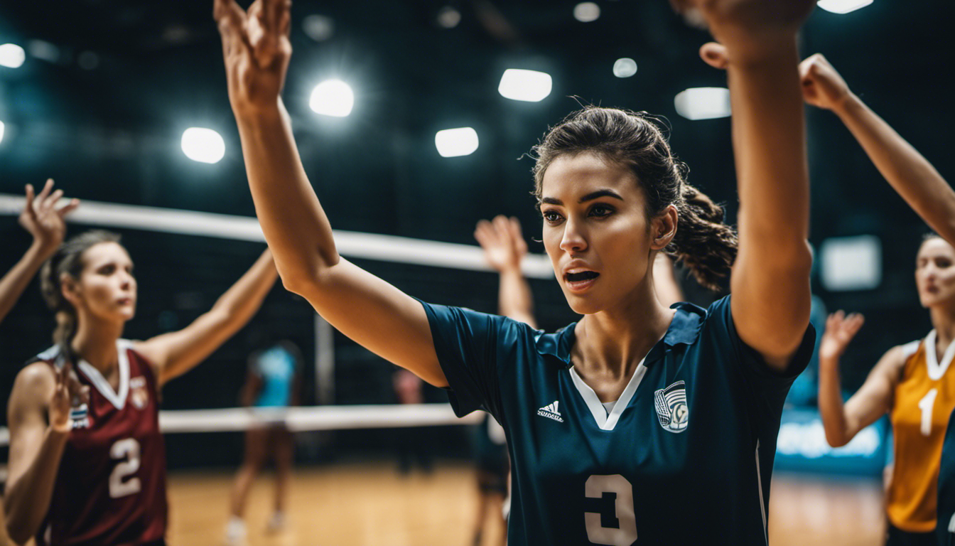 An image capturing a volleyball player in action, surrounded by teammates with hands raised, fingers forming distinct signals