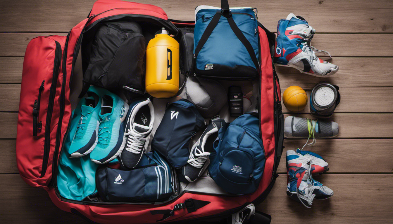 An image showing a colorful duffel bag overflowing with volleyball gear: knee pads, jerseys, sneakers, water bottles, and a hand-written checklist