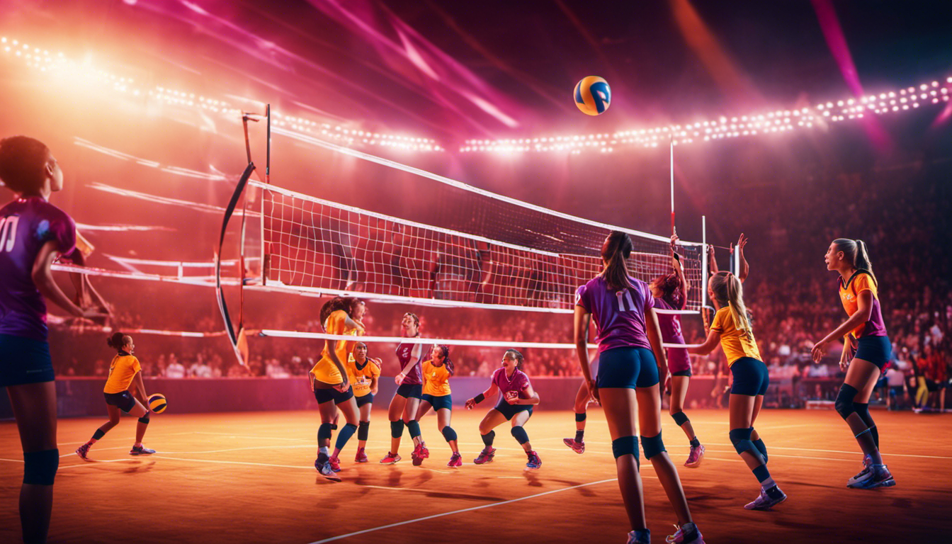 An image showcasing a vibrant virtual volleyball arena, illuminated by neon lights, with players immersed in intense gameplay